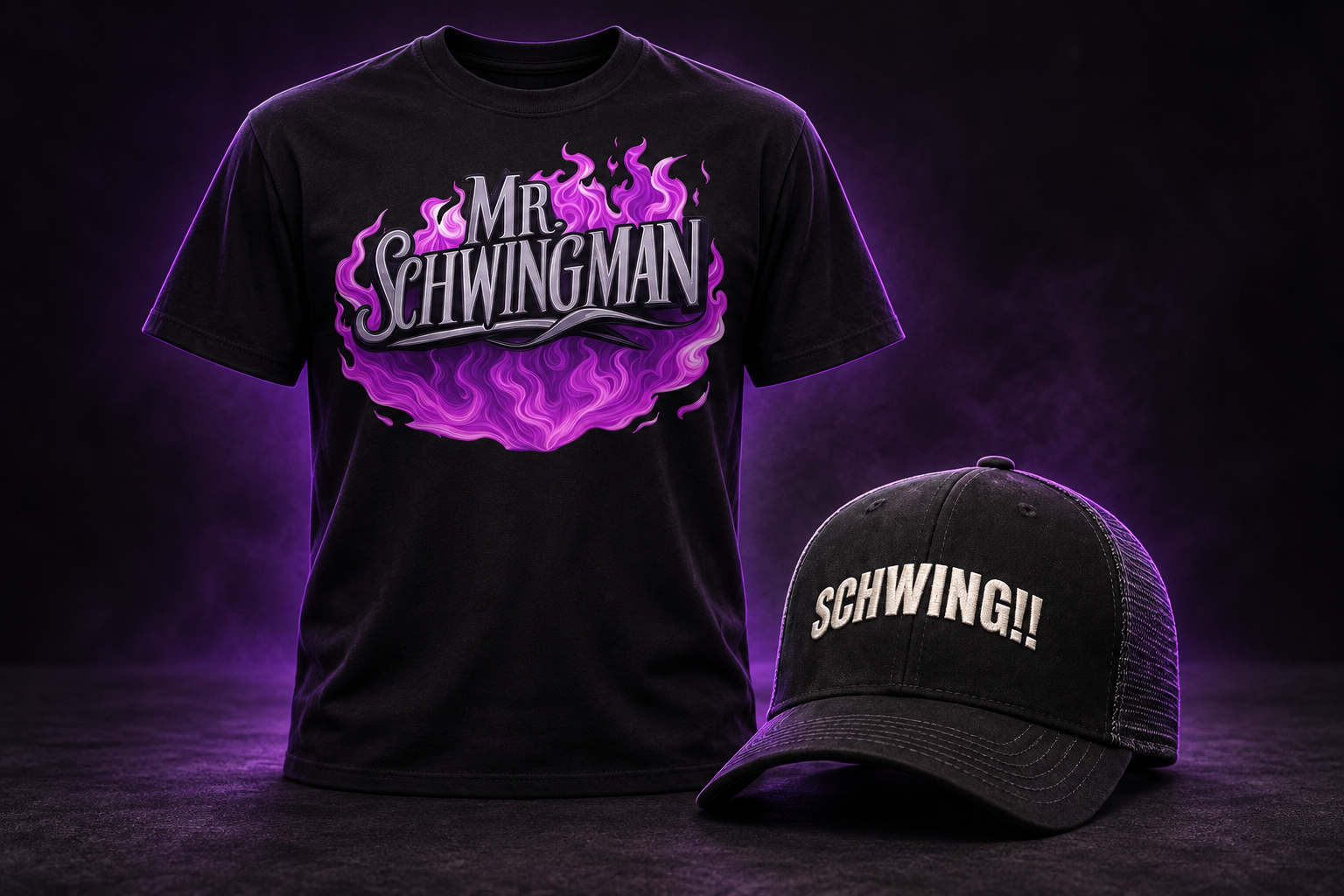 Design preview of a black Mr. Schwingman purple flame T-shirt and a black SCHWING!! embroidered cap
