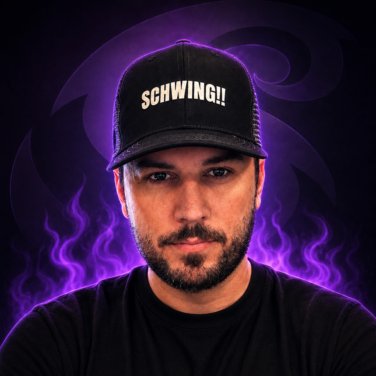 MrSchwingman wearing his SCHWING hat, framed by purple flames